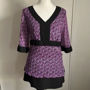 Style and Co. 3/4 Sleeve Split Neck Purple and Black Print Blouse